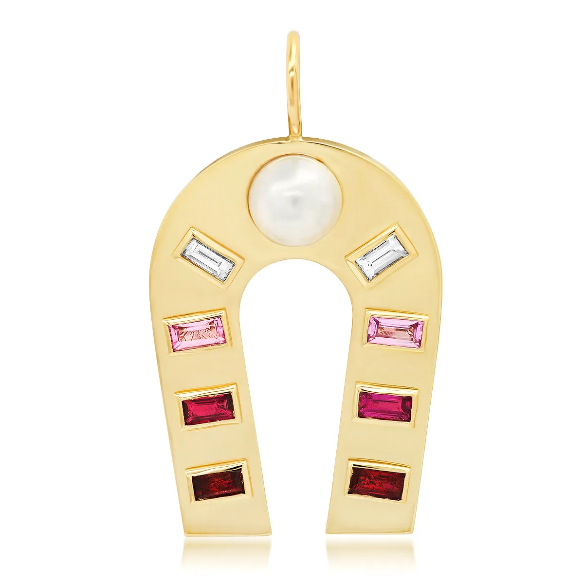 14K Yellow Gold Pearl, Ruby, Pink Sapphire and Diamond Horseshoe Charm