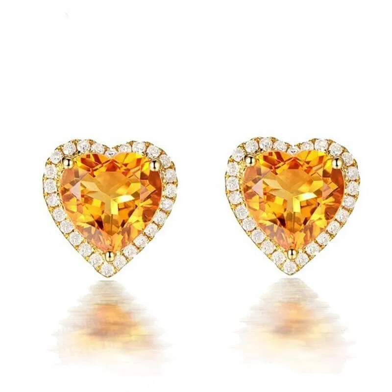 18k Gold Romantic Heart Shaped Citrine Yellow Gemstone Jewelry Set