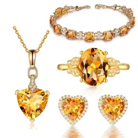 18k Gold Romantic Heart Shaped Citrine Yellow Gemstone Jewelry Set