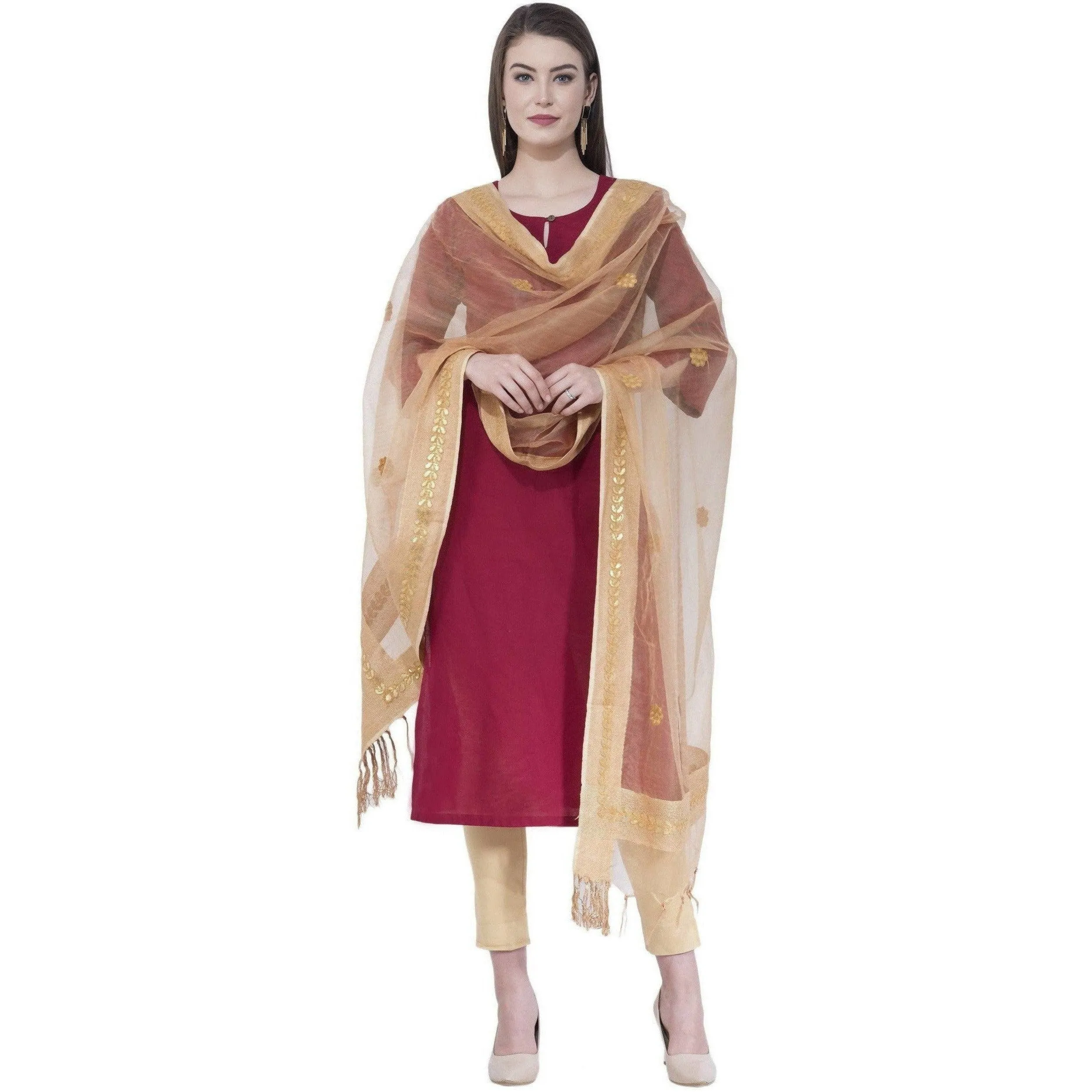 A R Silk Women's Gotta Patti Embroidery Orgenza Cotton Golden Dupattas and Chunnis