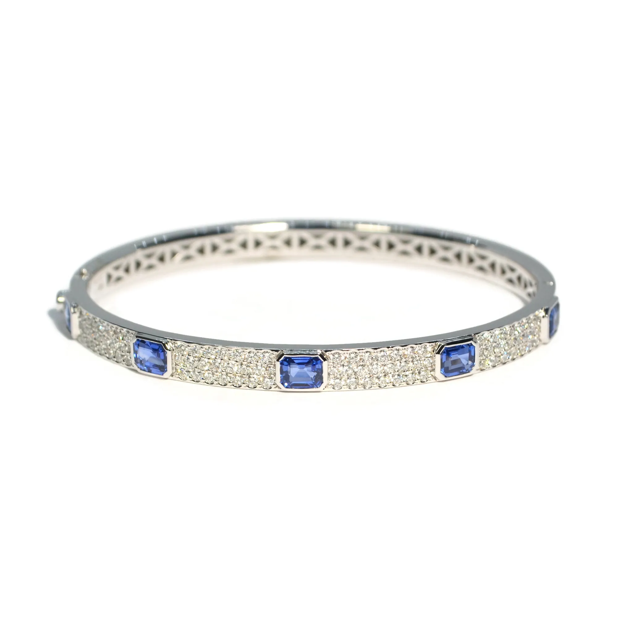 AFJ Diamond Collection - Bangle Bracelet with Diamonds and Blue Sapphires, 18k White Gold