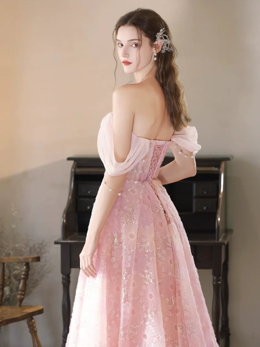 A- Line Off Shoulder Lace Pink Long Prom Dress, Pink Long Evening Dress