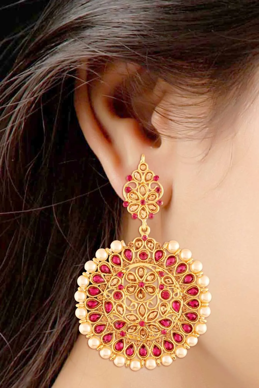 Alloy Chandbali Earrings in Pink