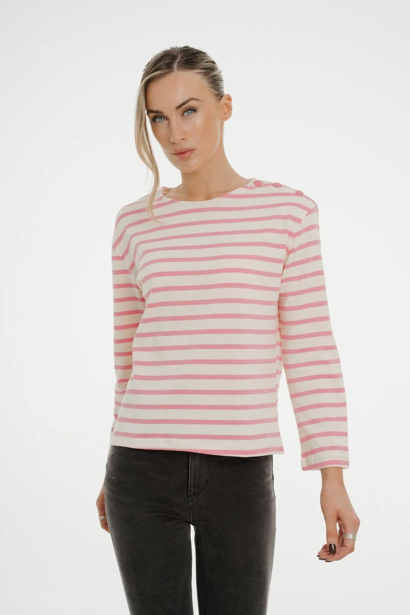 Ally Button Shoulder Top In Rose