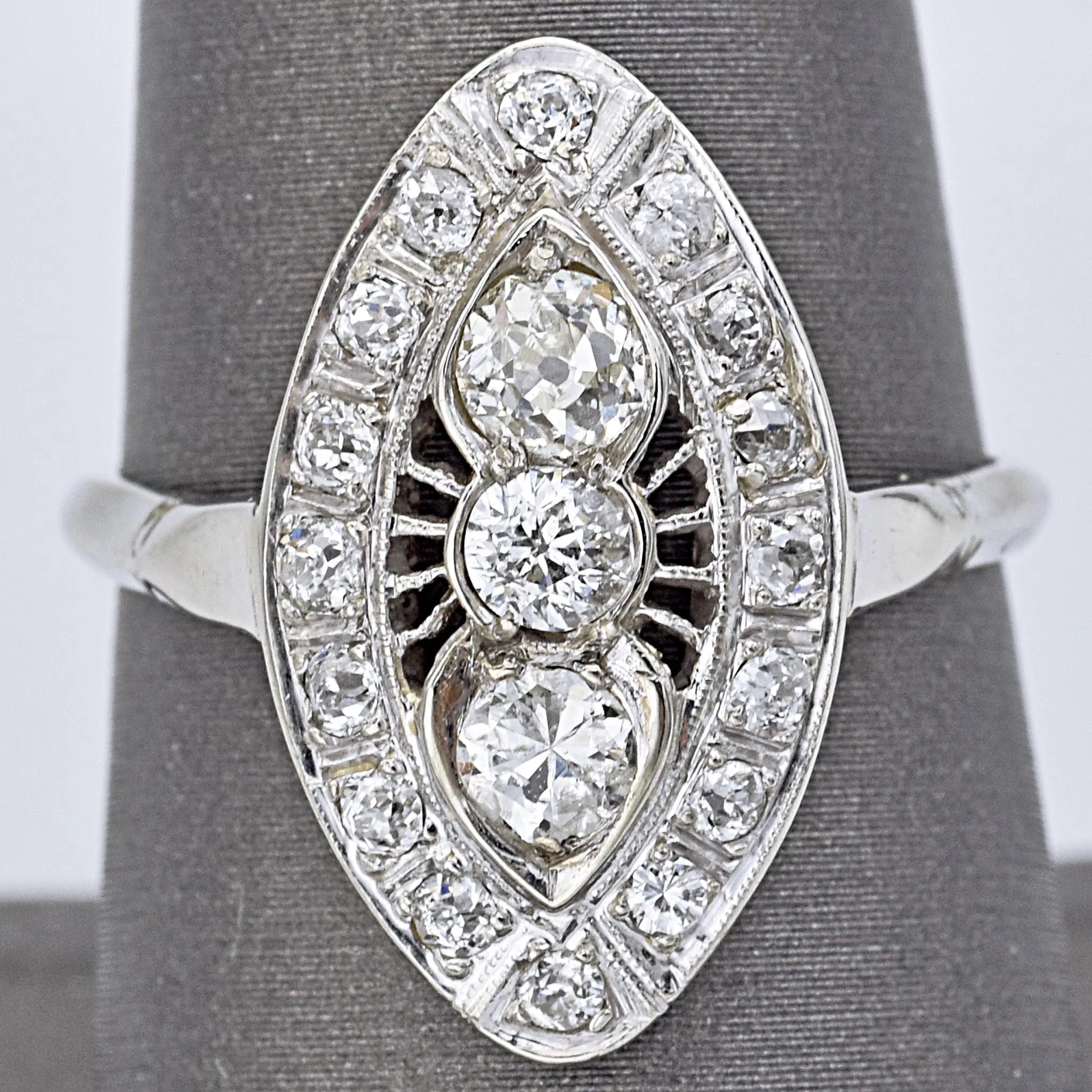 Antique 14K White Gold Diamond Art Deco Cocktail Ring Size 8.25