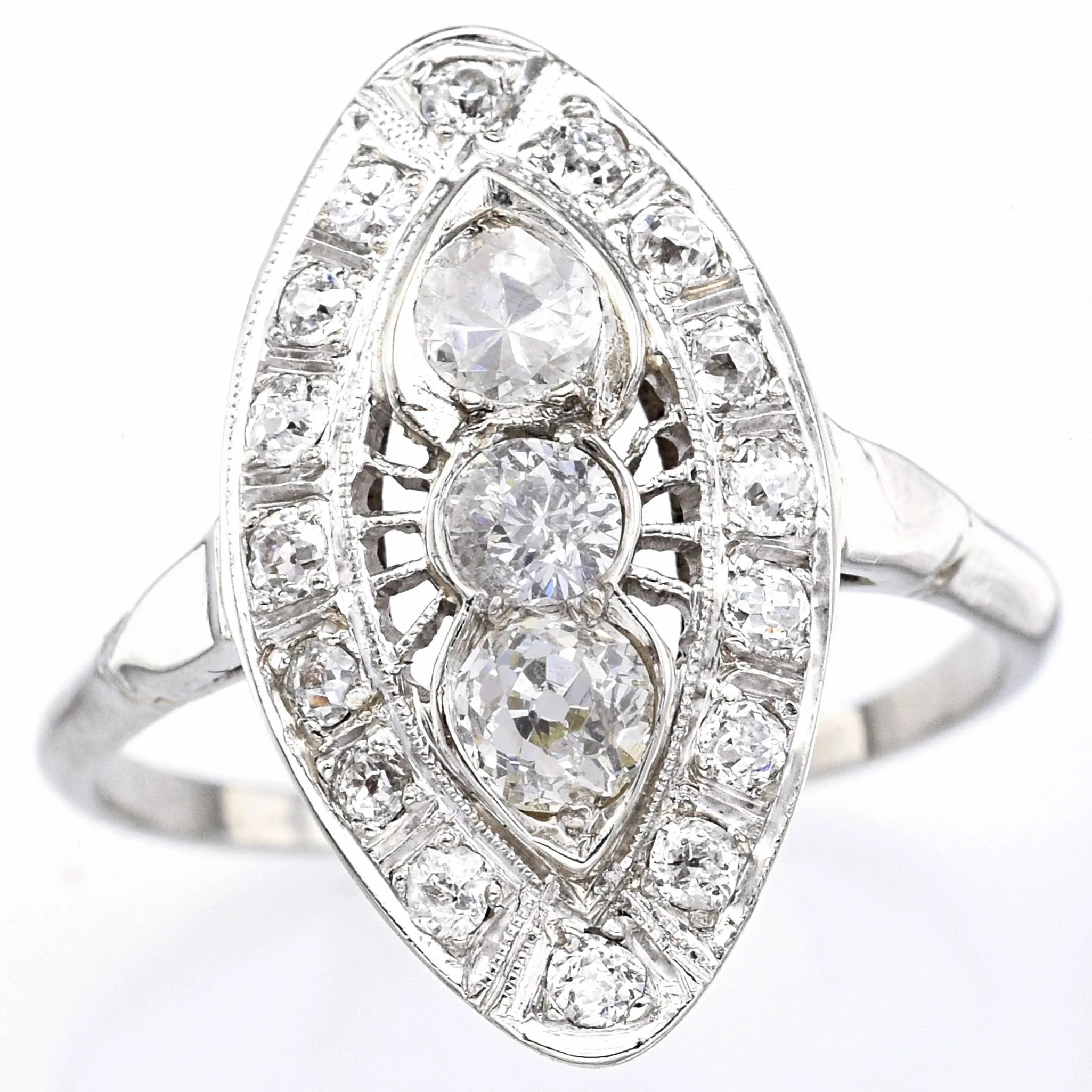 Antique 14K White Gold Diamond Art Deco Cocktail Ring Size 8.25