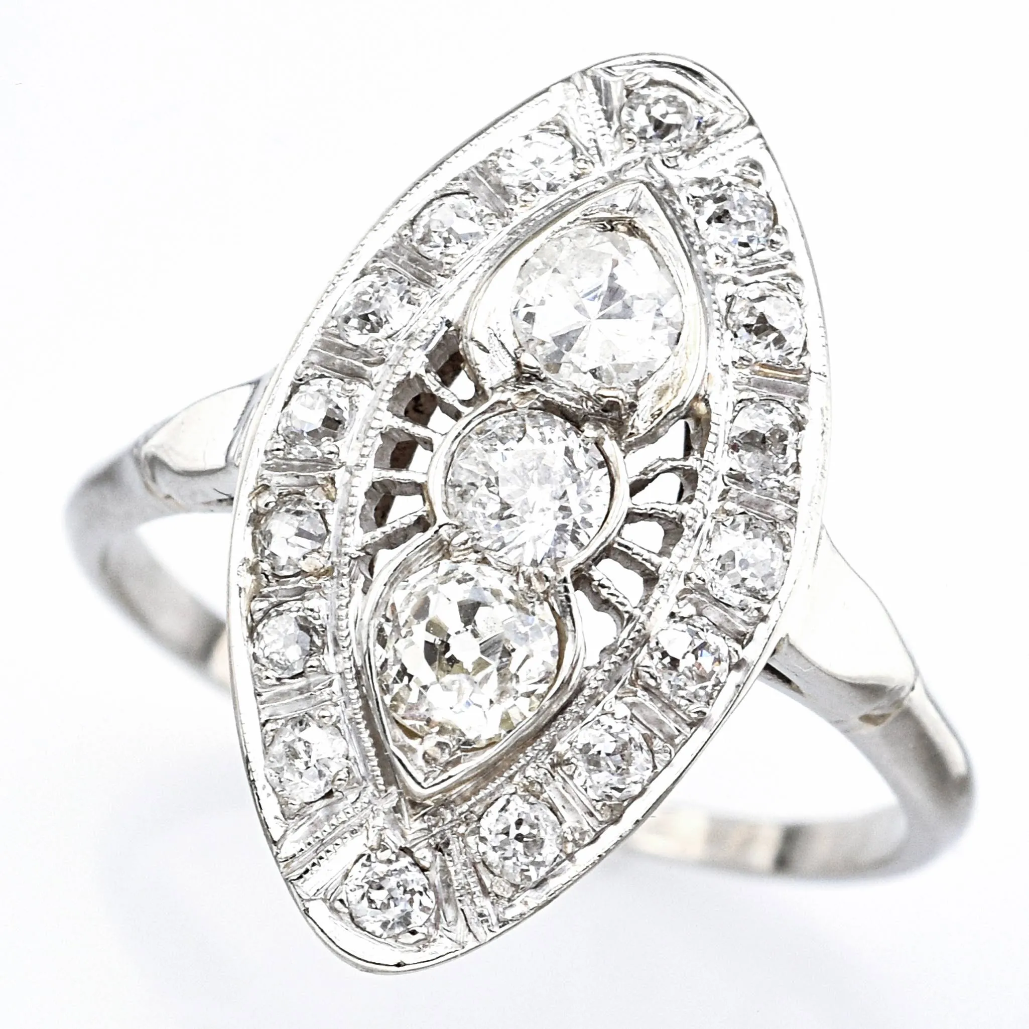 Antique 14K White Gold Diamond Art Deco Cocktail Ring Size 8.25