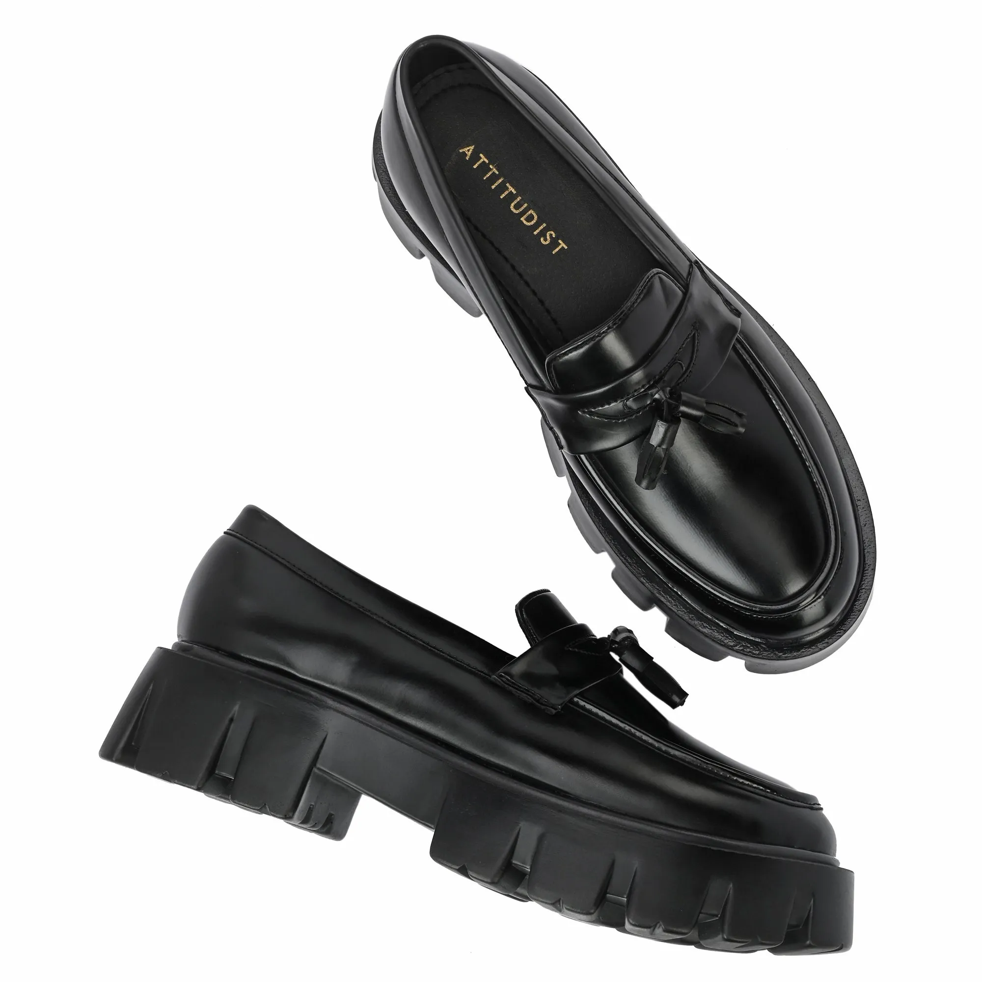 Attitudist Unisex Glossy Black High Heel Tassel Loafers