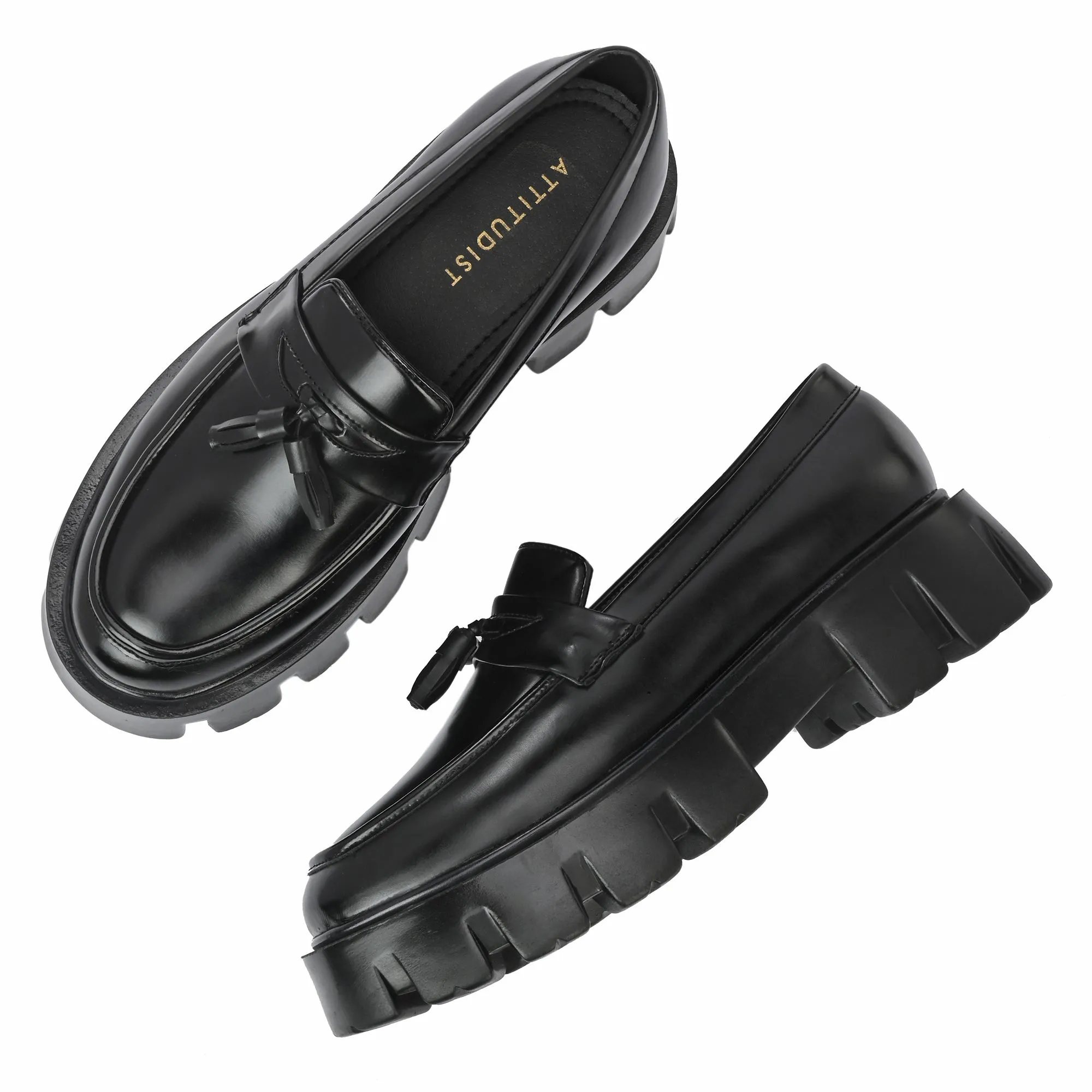 Attitudist Unisex Glossy Black High Heel Tassel Loafers