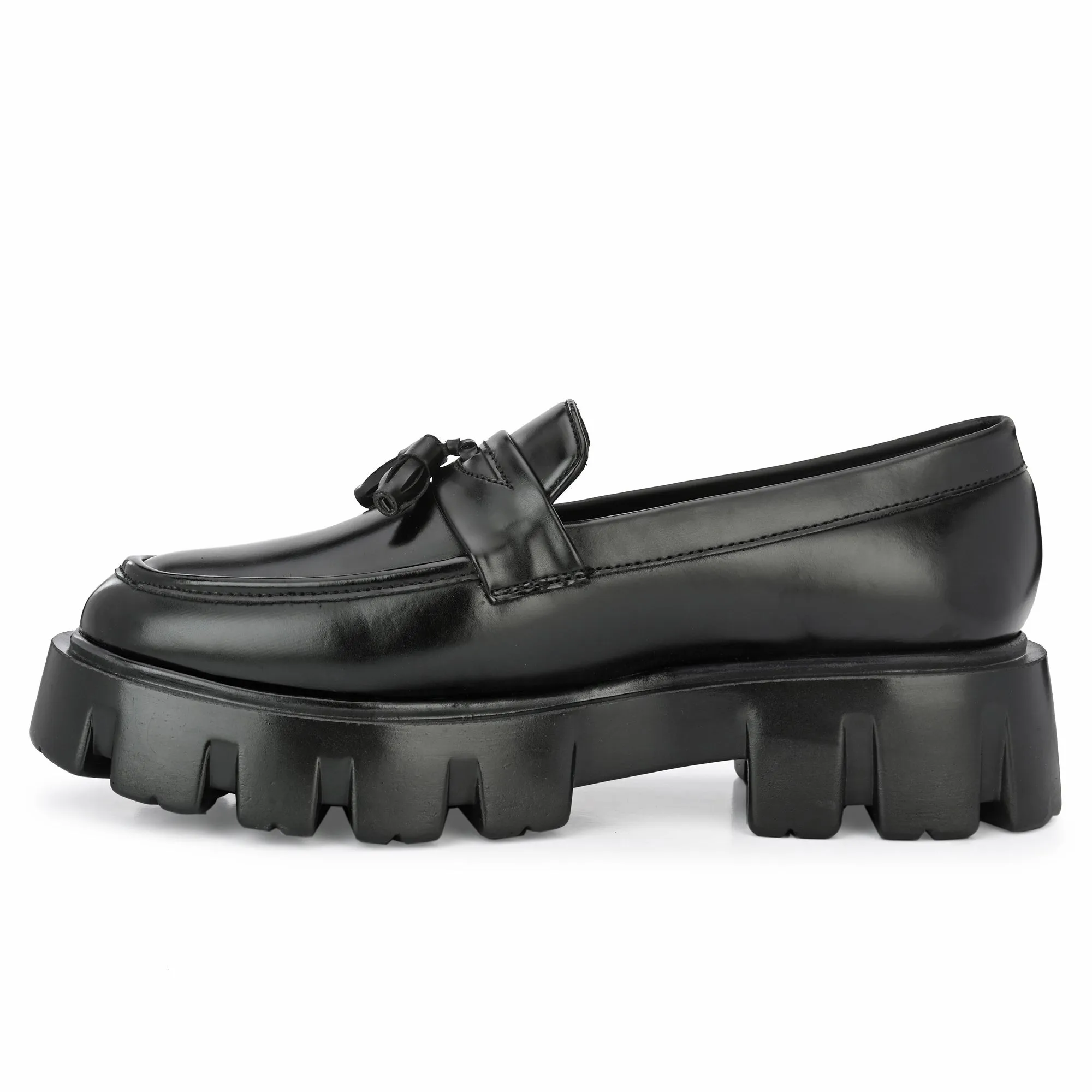 Attitudist Unisex Glossy Black High Heel Tassel Loafers