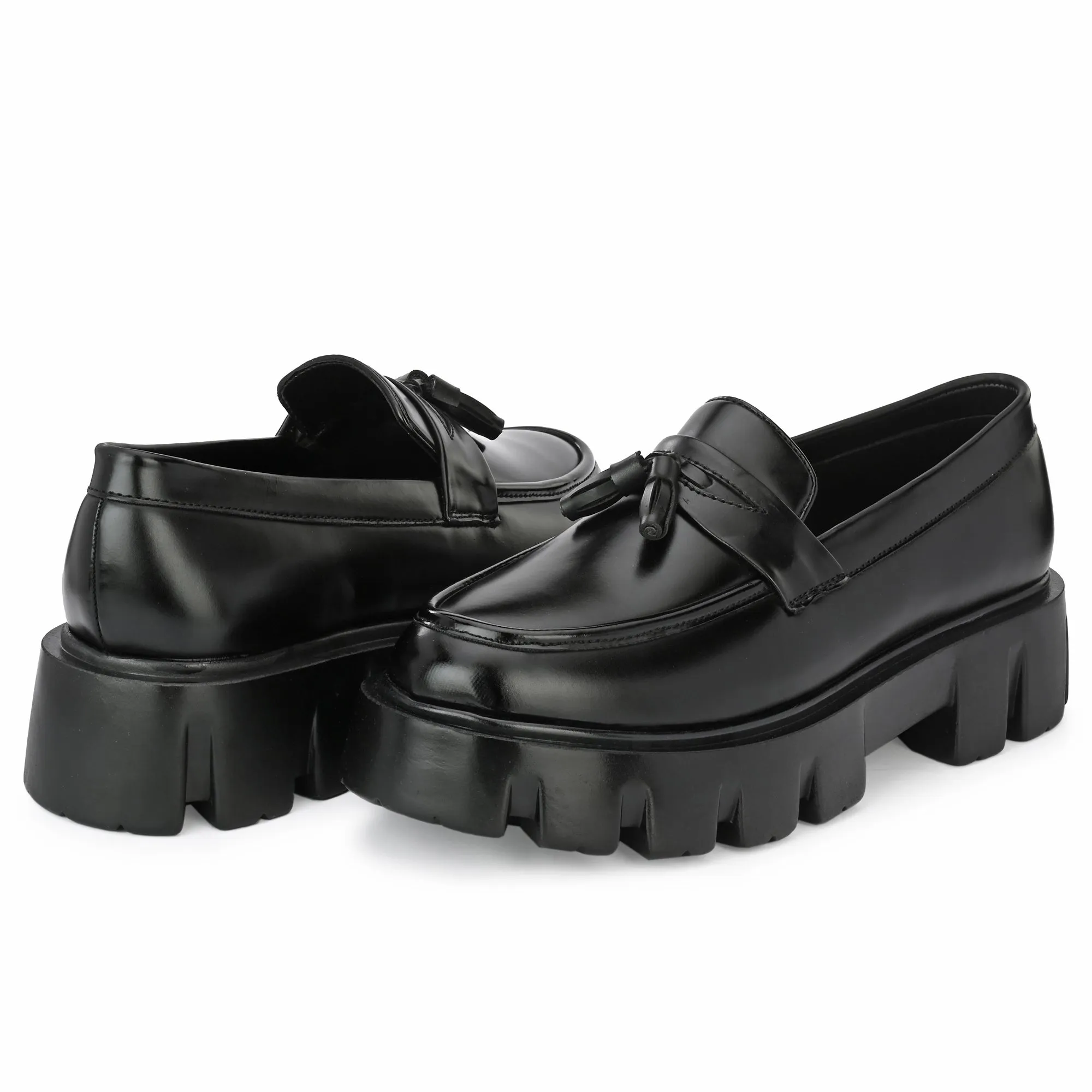 Attitudist Unisex Glossy Black High Heel Tassel Loafers