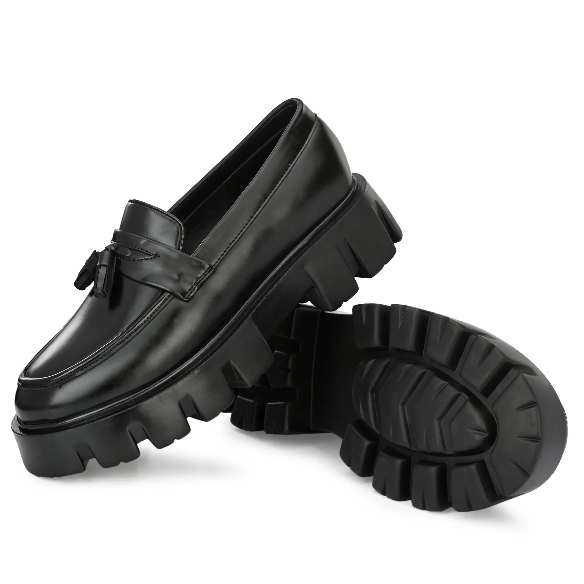 Attitudist Unisex Glossy Black High Heel Tassel Loafers