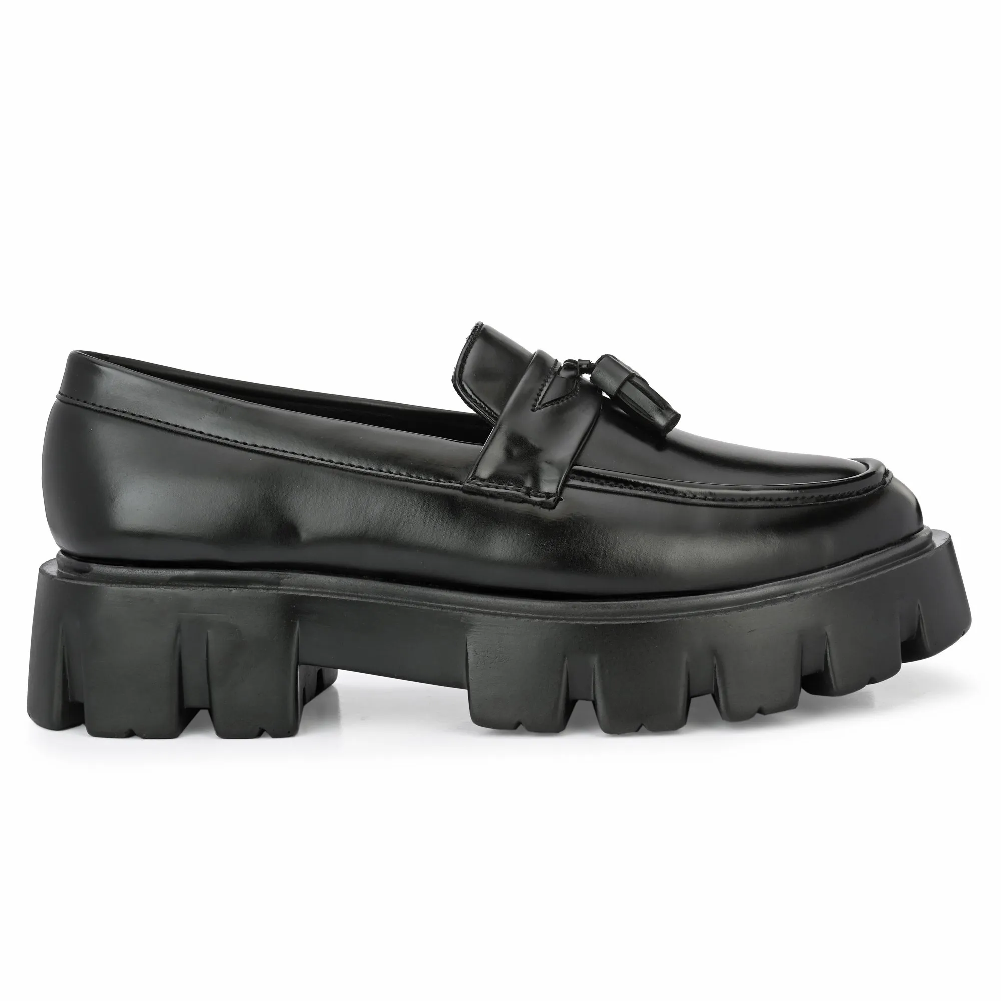 Attitudist Unisex Glossy Black High Heel Tassel Loafers