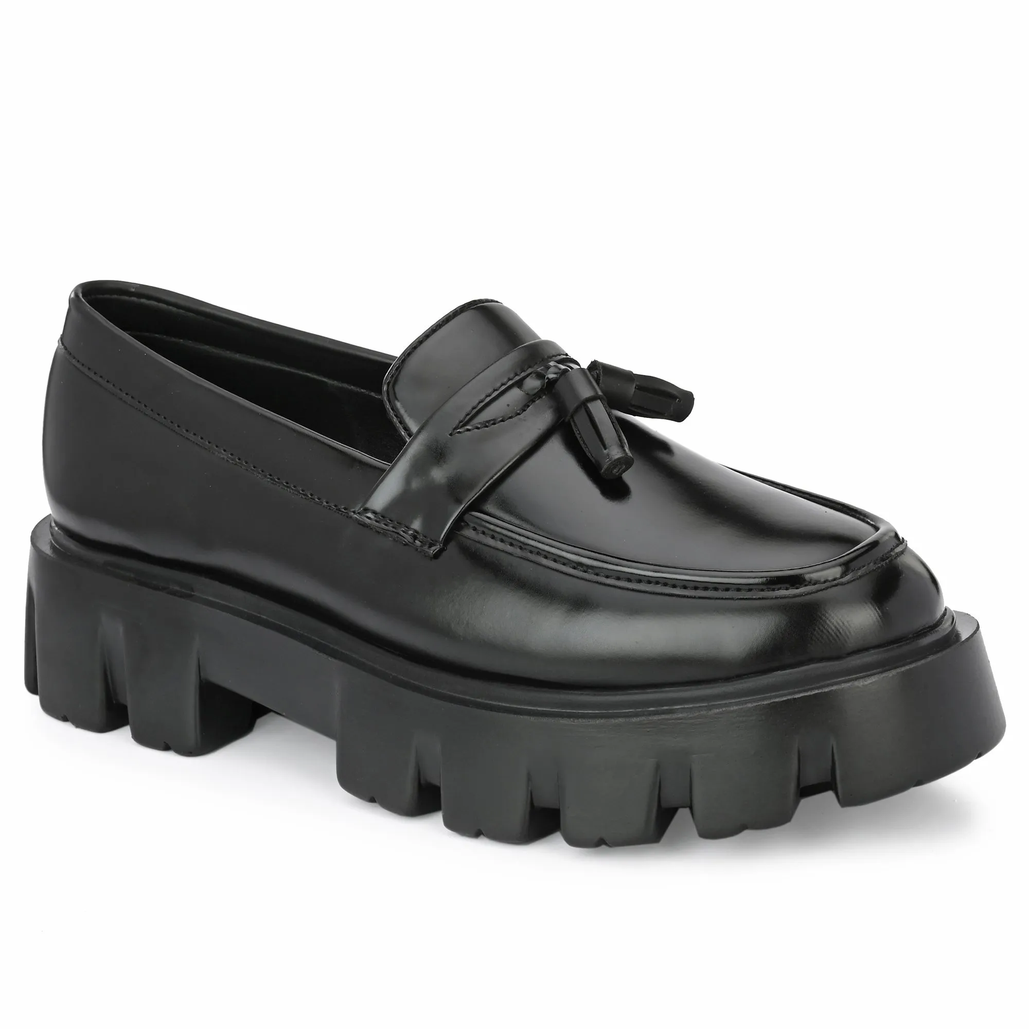 Attitudist Unisex Glossy Black High Heel Tassel Loafers