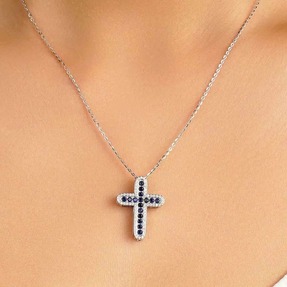 Blue Sapphire and White Sapphire Cross Pendant