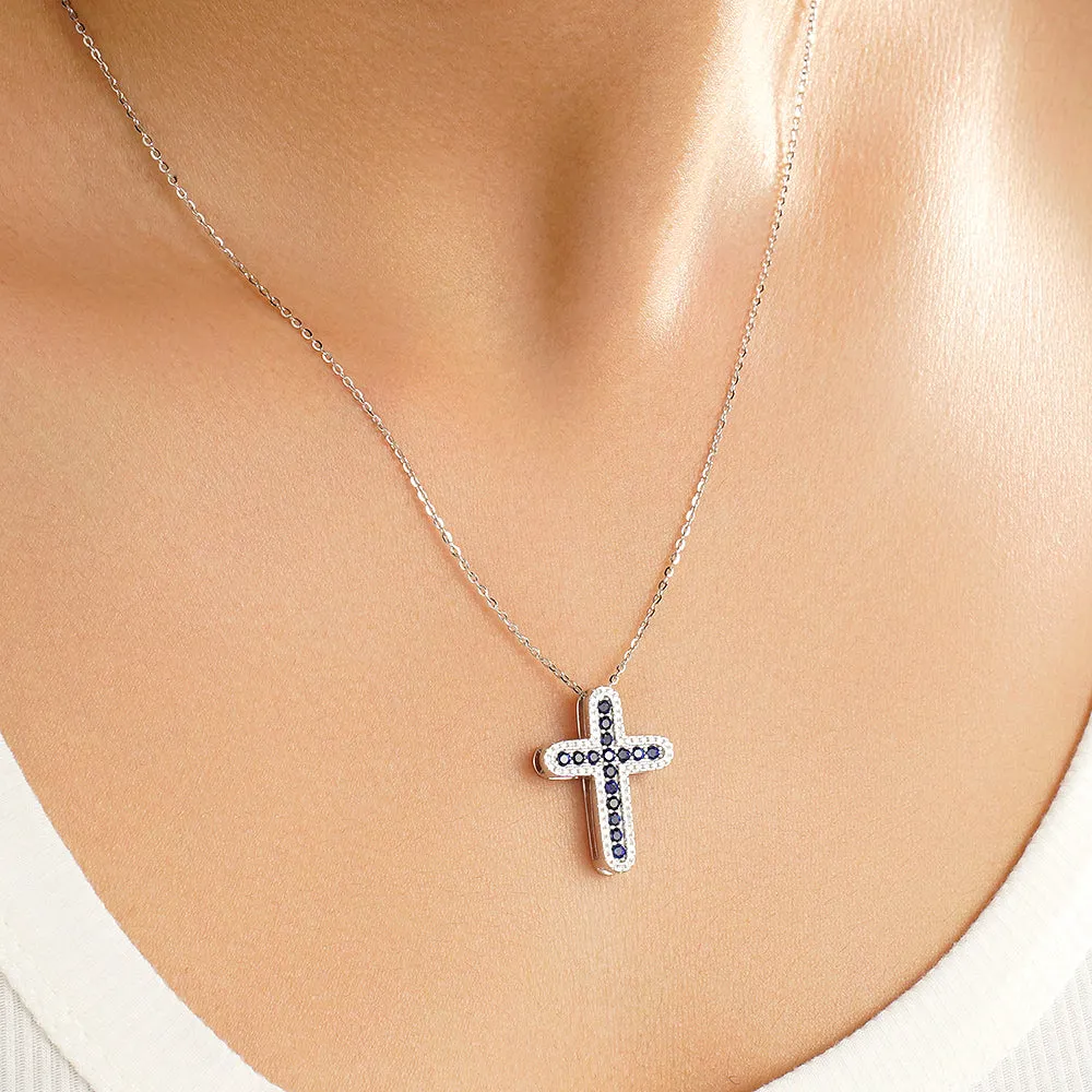 Blue Sapphire and White Sapphire Cross Pendant