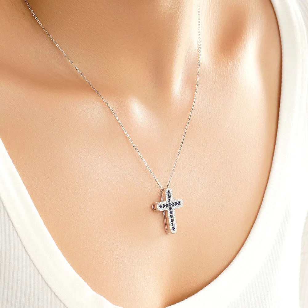 Blue Sapphire and White Sapphire Cross Pendant