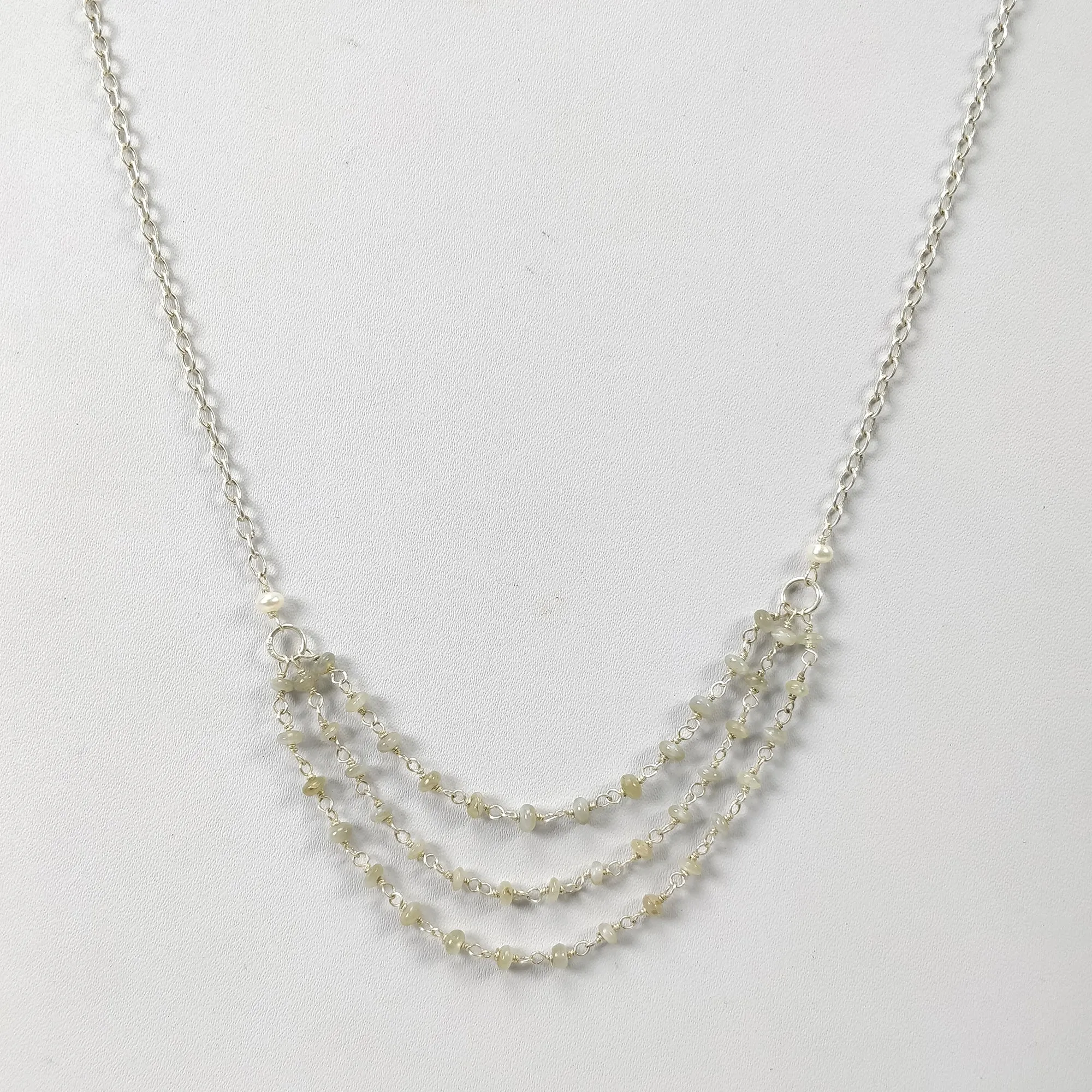 Chrysoberyl Cat's Eye And Pearl Beads NECKLACE : 29.45cts Natural Untreated With 925 Sterling Silver 3.5mm 18.25"