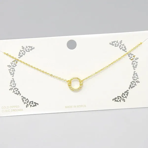 Circle CZ Pave Pendant Short Chain Necklace