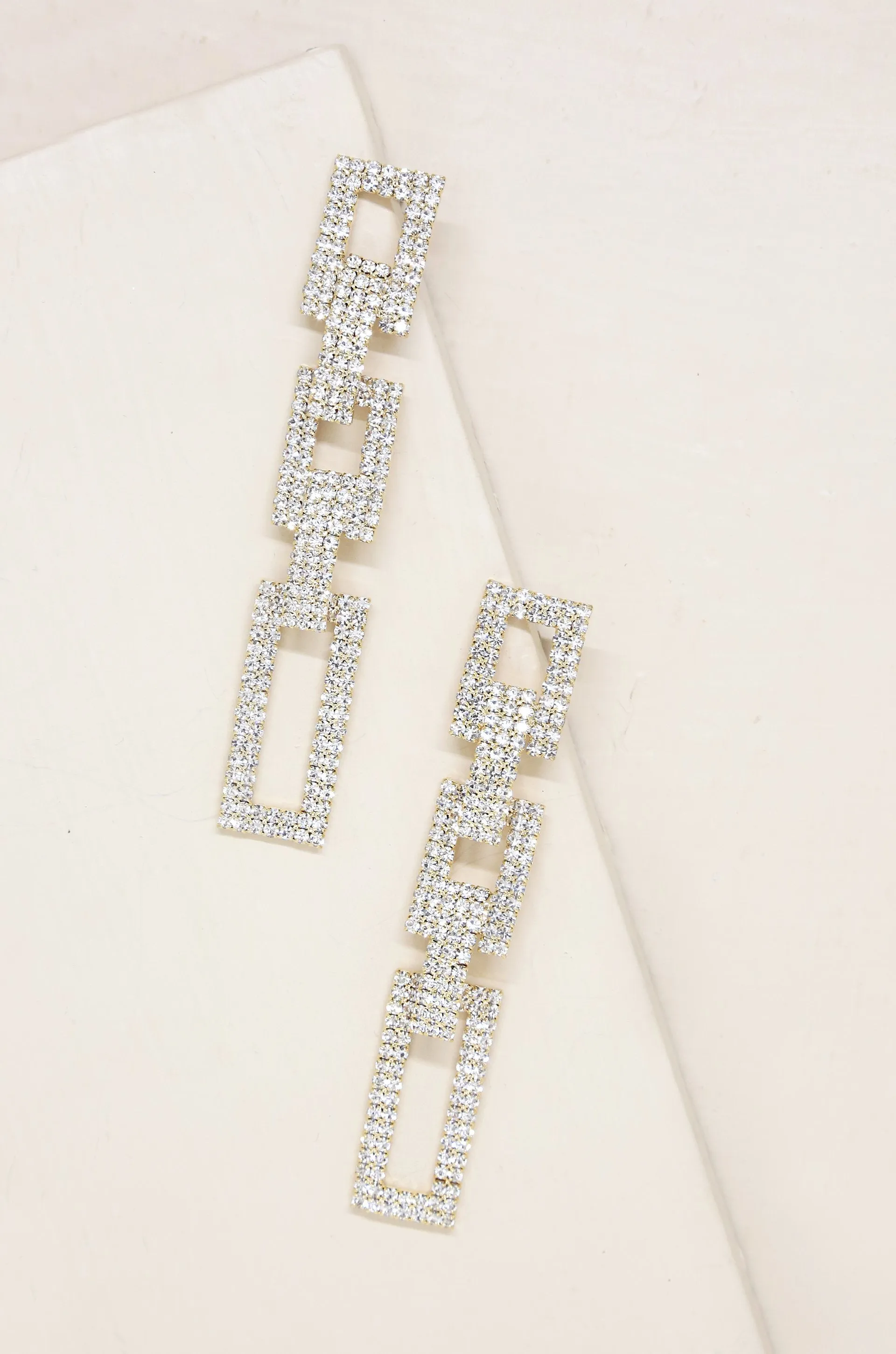 Crystal Rectangle Chain Link 18k Gold Plated Earrings