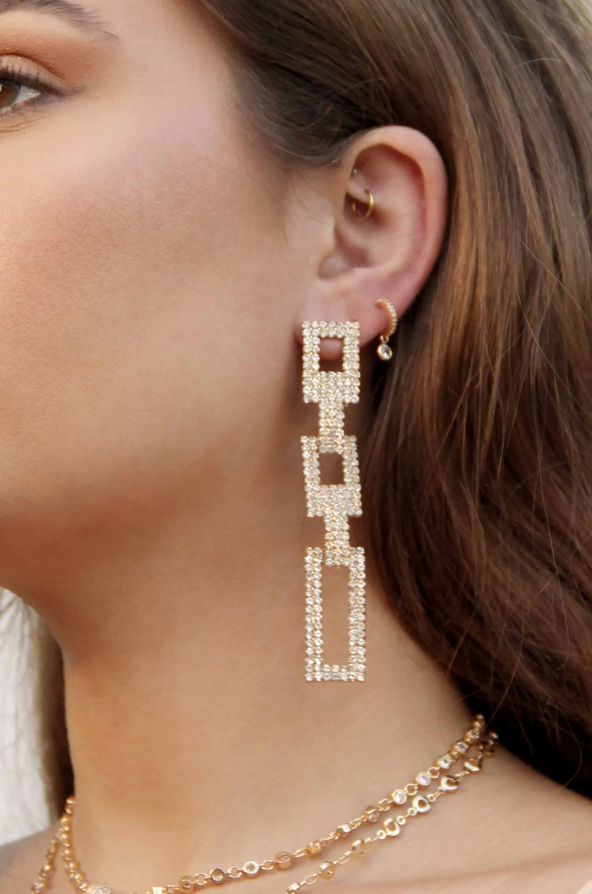 Crystal Rectangle Chain Link 18k Gold Plated Earrings