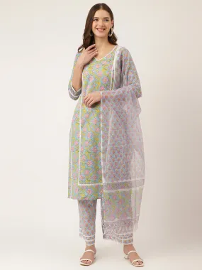 Divena Blue Hand-Block Floral Print Cotton  Kurta, Trouser & Dupatta