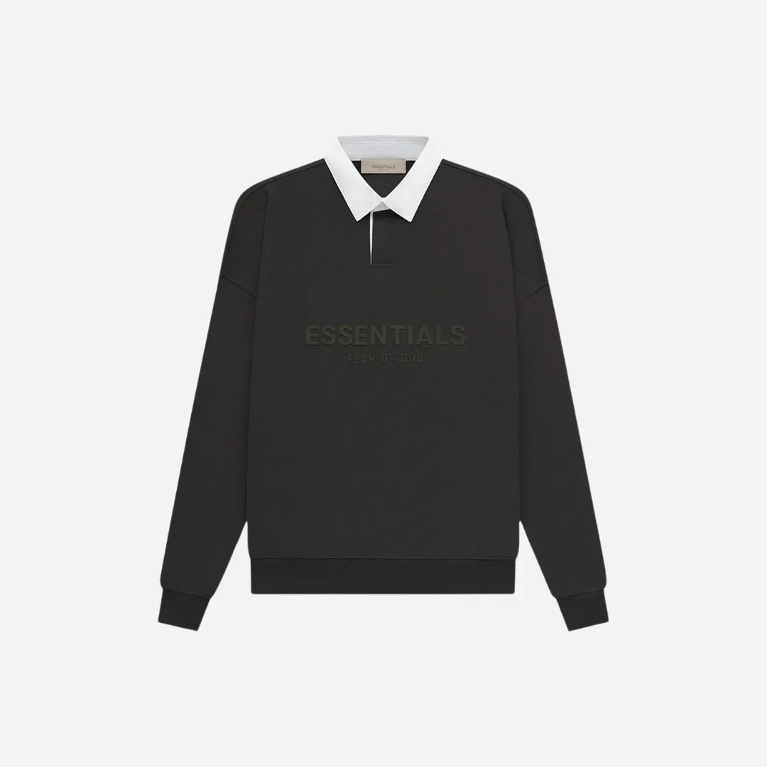 FEAR OF GOD ESSENTIALS WAFFLE HENLEY RUGBY OFF BLACK