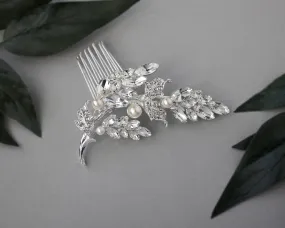 Hair Comb with Crystal Leaves and Pearls