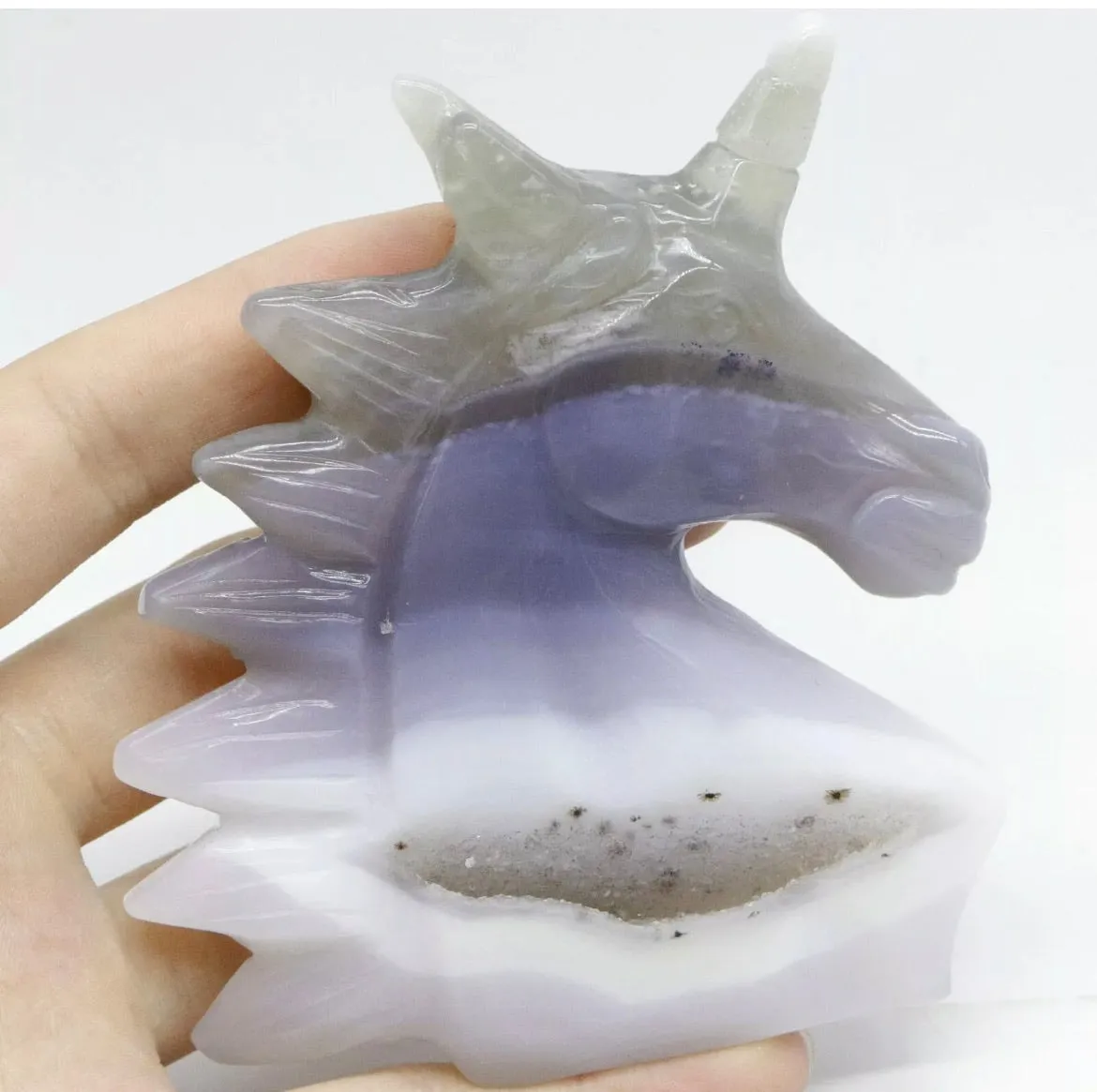 Hand-carved unicorn in natural Agate gemstone crystal