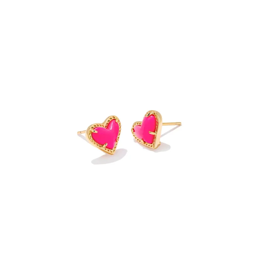 Kendra Scott Ari Heart Gold Stud Earrings in Neon Pink Magnesite