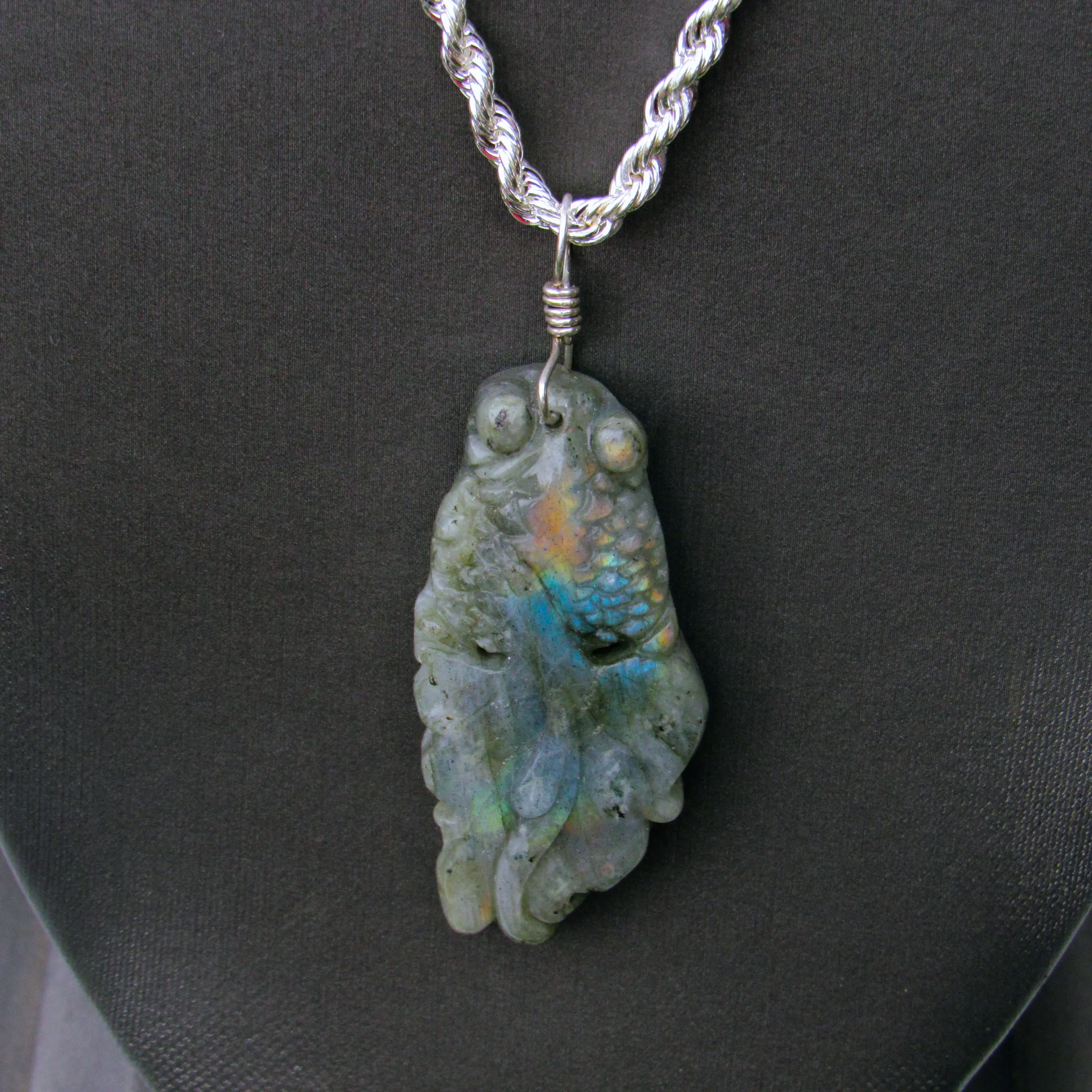 Labradorite gemstone carved Fish on Sterling Silver chain.