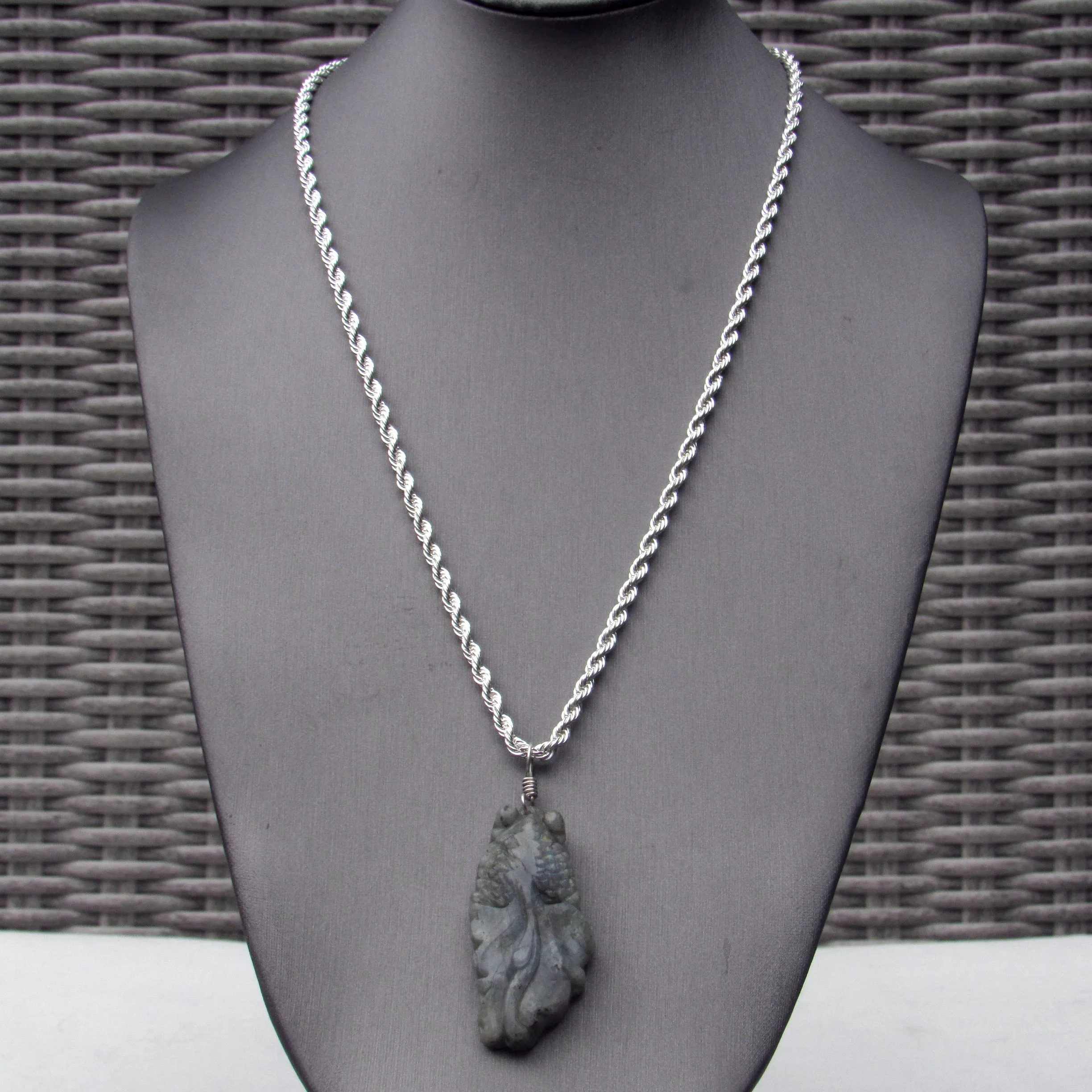 Labradorite gemstone carved Fish on Sterling Silver chain.