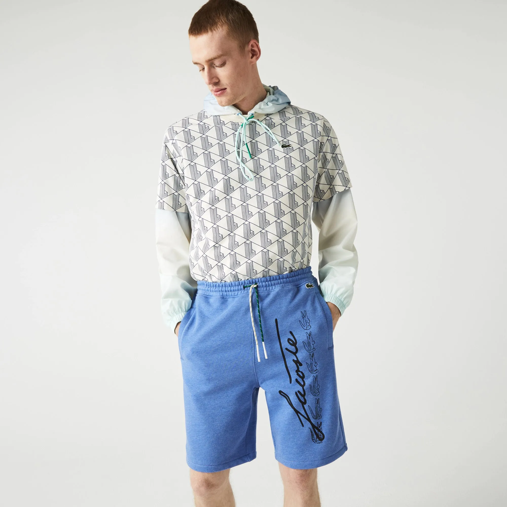 Lacoste Signature Print Cotton Fleece Shorts Blue Chine