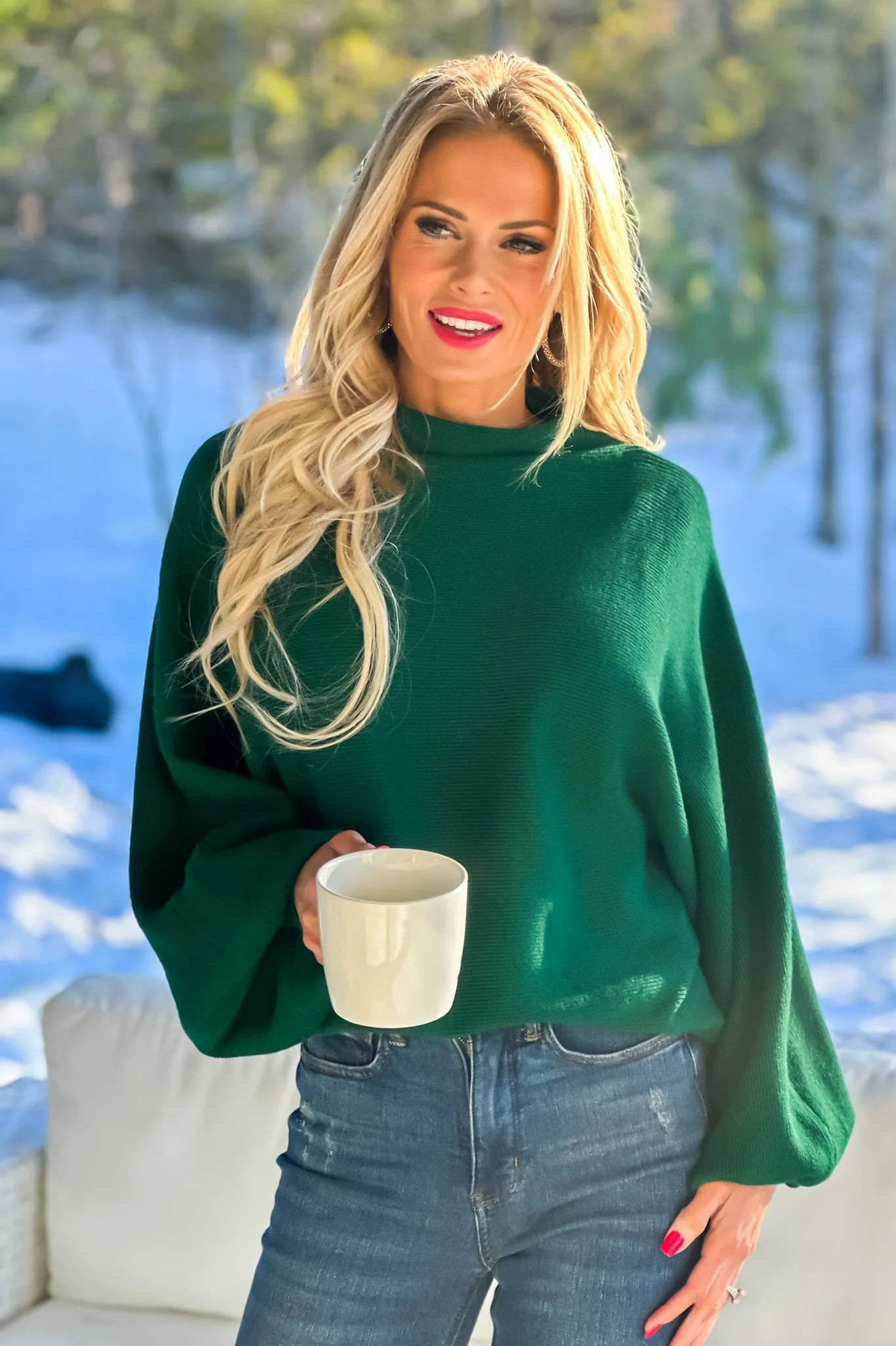 Lifetime Of Style Funnel Neck Dolman Sweater : Hunter Green