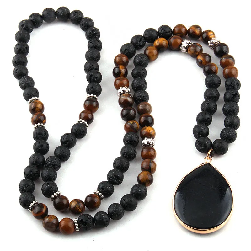 Natural Black Lava Rock Tiger-Eye Stone Long Necklace