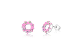 Pink Doughnut Multicolored Crystal White Gold Palladium Girl's Stud Earring