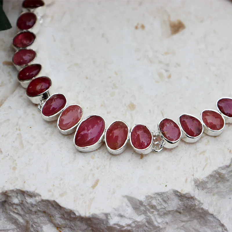 Pink Tourmaline Silver Boho Necklace