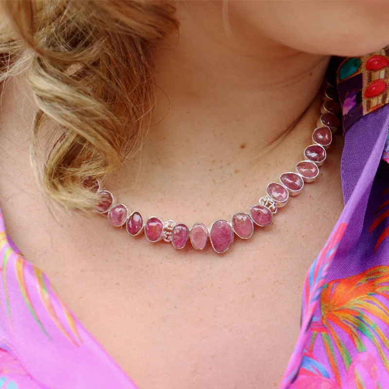 Pink Tourmaline Silver Boho Necklace