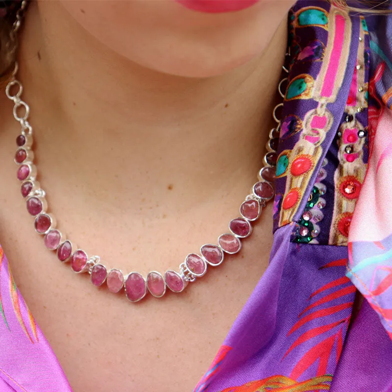 Pink Tourmaline Silver Boho Necklace