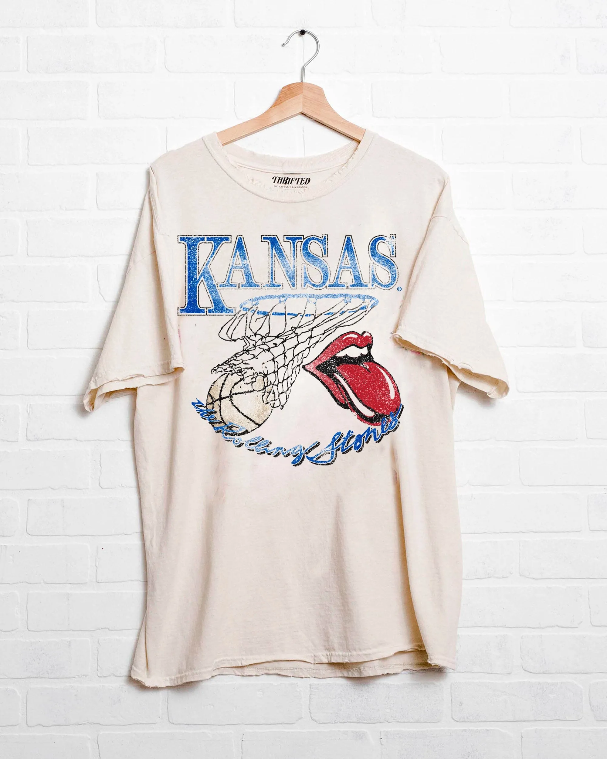 Rolling Stones KU Jayhawks Basketball Net Off White Thrifted Tee