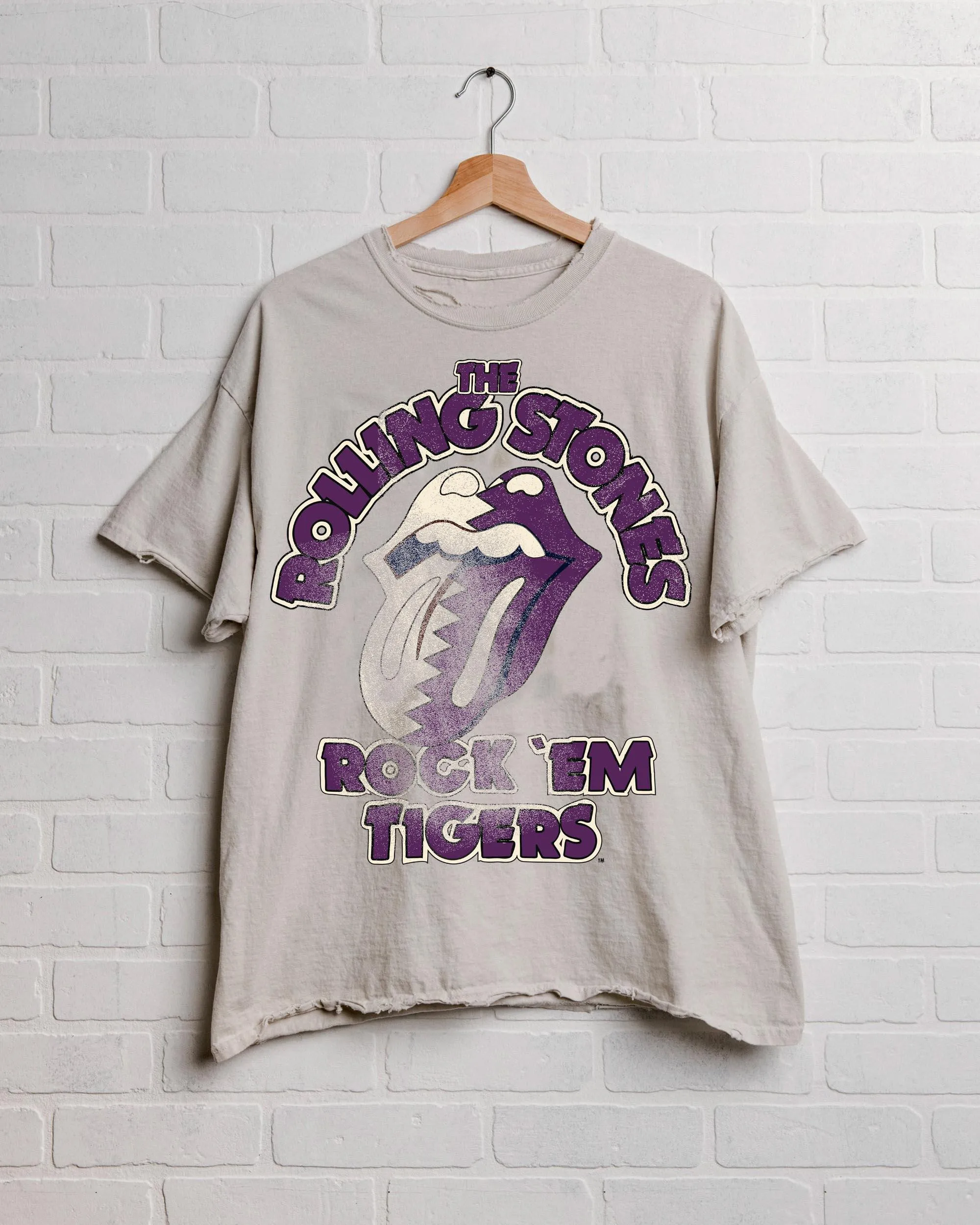 Rolling Stones Rock 'Em LSU Tigers Off White Thrifted Tee