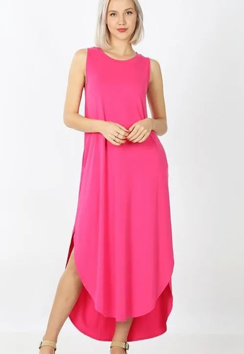 Side Slit Maxi Dress With Pockets-Hot Pink