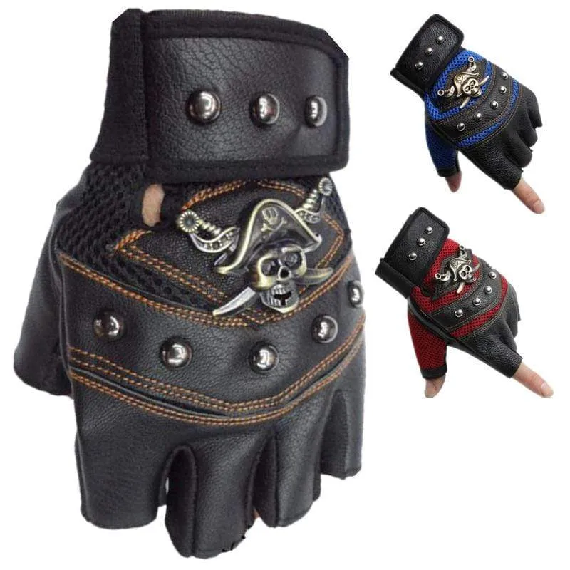 Skulls Rivet PU Leather Fingerless Gloves Men Women Fashion Hip Hop Women's Gym Gloves Half Finger Men's Gloves