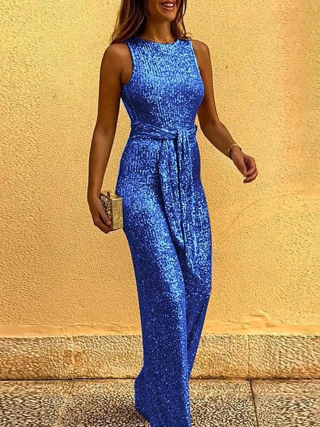 Sophisticated Blue Pink Gold Jumpsuit with Sequin Lace-Up Detail