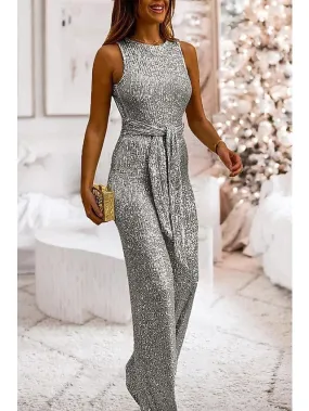 Sophisticated Blue Pink Gold Jumpsuit with Sequin Lace-Up Detail