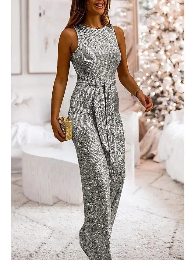 Sophisticated Blue Pink Gold Jumpsuit with Sequin Lace-Up Detail