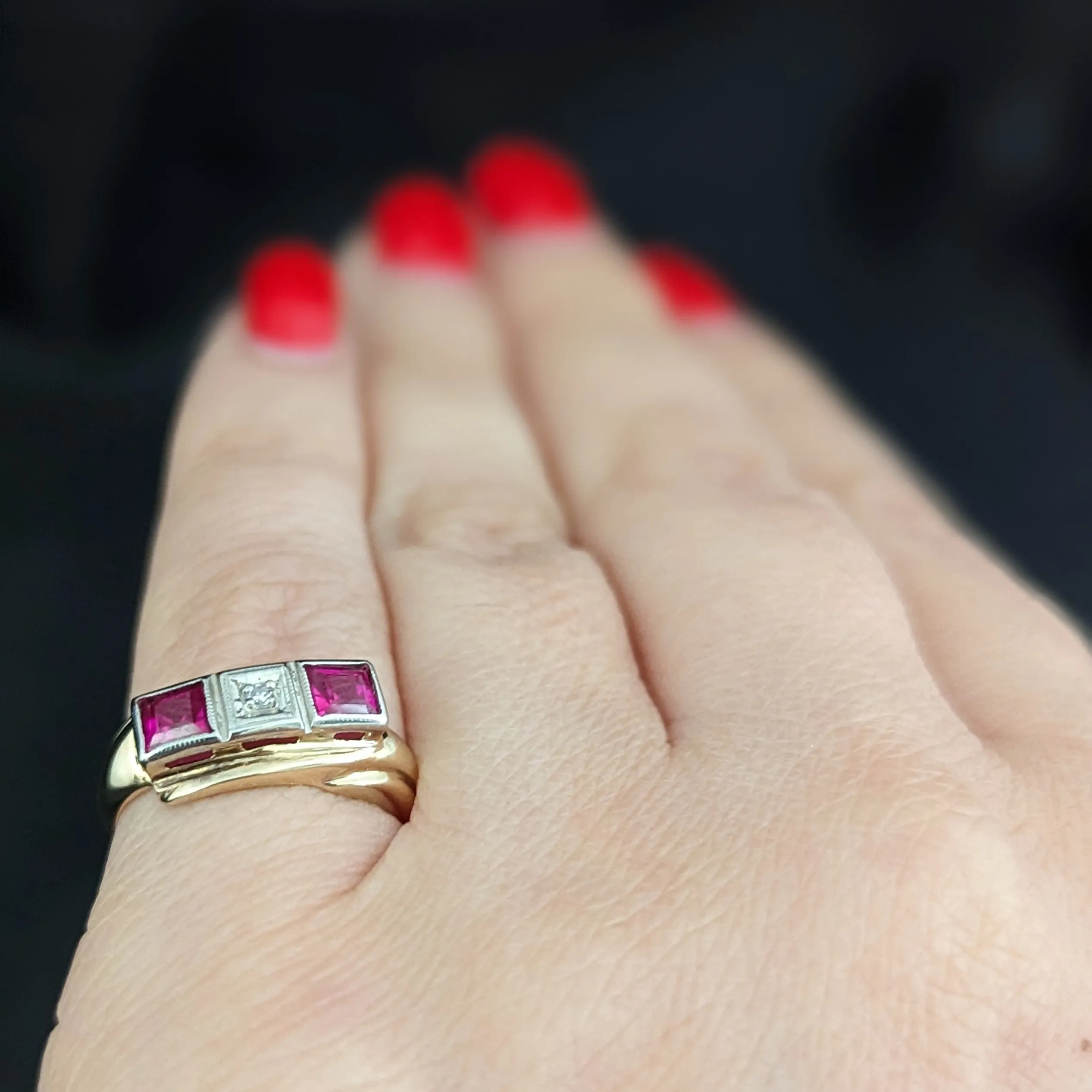 The Eastling - Retro Era Diamond Ruby 10k Gold Ring c.1940s