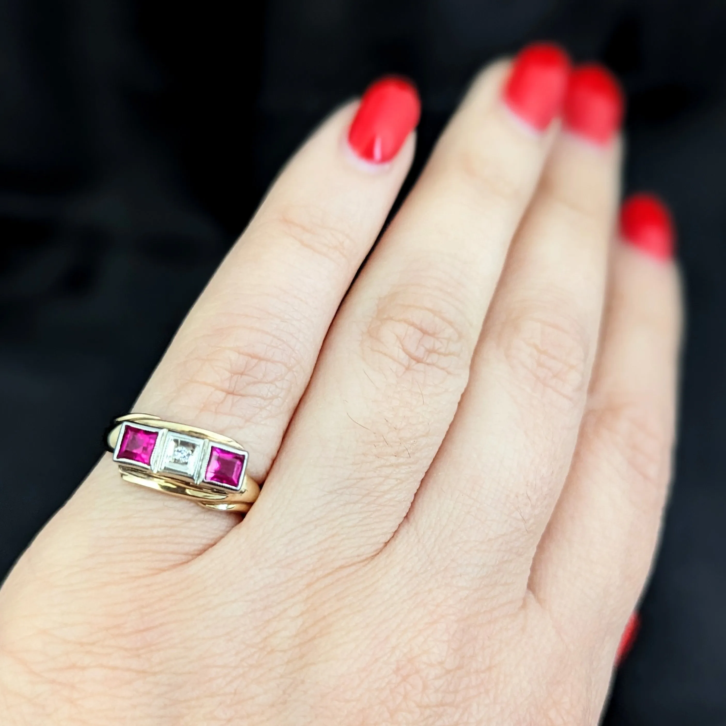 The Eastling - Retro Era Diamond Ruby 10k Gold Ring c.1940s