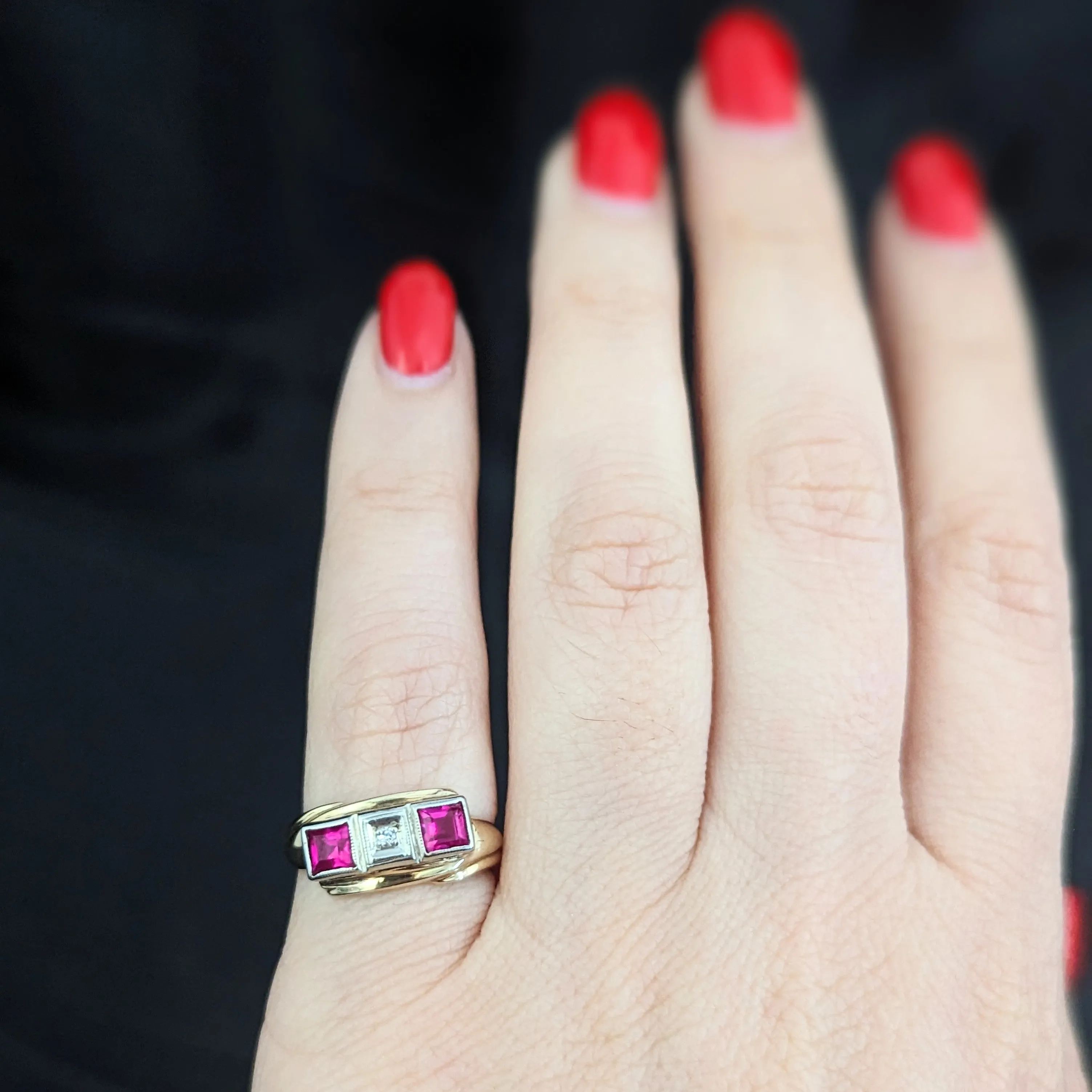 The Eastling - Retro Era Diamond Ruby 10k Gold Ring c.1940s