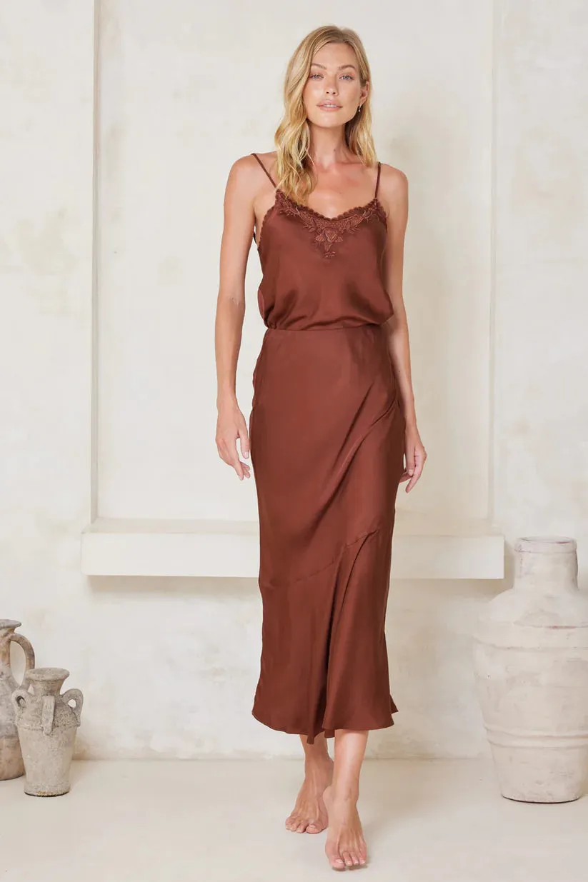 Tigerlily Santa Teresa Blake Midi Slip Skirt - Chocolate